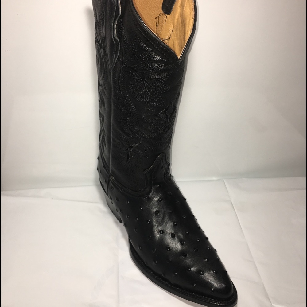 Men’s Cowboy Boots Ostrich Print Leather Black